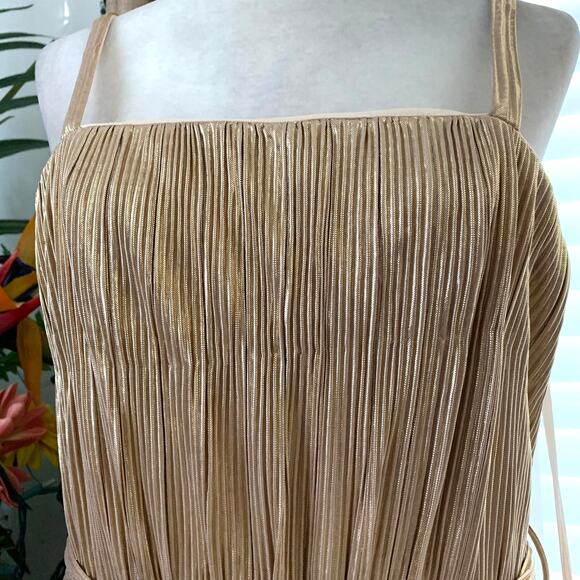 Ieena for Mac Duggal Sleeveless Square Neck Tiered Ruffled Detail Dress in Gold - Picture 4 of 13